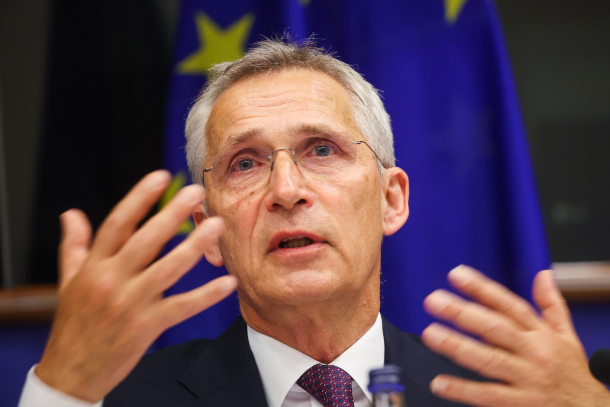 epa10845568 NATO Secretary General Jens Stoltenberg speaks during a hearing by the European Parliament Committee on Foreign Affairs and the Subcommittee on Security and Defence in Brussels, Belgium, 0 ...