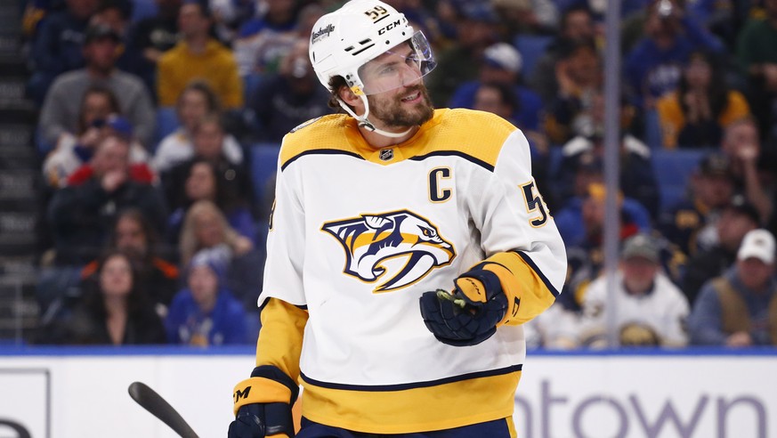 Nashville Predators defenseman Roman Josi (59) argues a call during the second period of the team&#039;s NHL hockey game against the Buffalo Sabres, Friday, April 1, 2022, in Buffalo, N.Y. (AP Photo/J ...