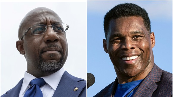 This combination of photos shows, Sen. Raphael Warnock, D-Ga., speaking to reporters on Capitol Hill in Washington, Aug. 3, 2021, left, and Republican Senate candidate Herschel Walker speaking in Perr ...
