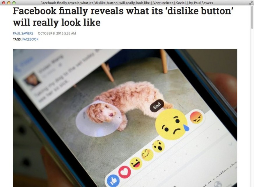 Neue Facebook-Emoji, zu sehen in einem Screenshot des Tech-Blogs «Venture Beat»: Glücklich, traurig, wütend.