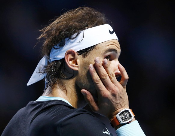 Rafael Nadal of Spain reacts during his match against Switzerland&#039;s Roger Federer at the Swiss Indoors ATP men&#039;s tennis tournament in Basel, Switzerland November 1, 2015. REUTERS/Arnd Wiegma ...