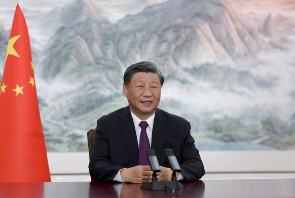 epa10835356 Chinese President Xi Jinping addresses the Global Trade in Services Summit of the 2023 China International Fair for Trade in Services (CIFTIS) via video in Beijing, China, 02 September 202 ...