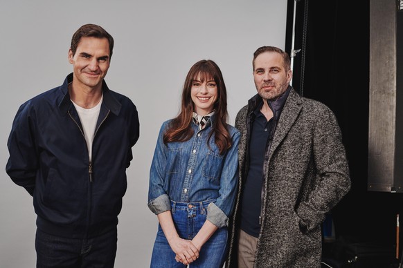 Behind the scenes beim Werbespot-Dreh von Schweiz Tourismus, mit Anne Hathaway, Roger Federer und Martin Nydegger, Direktor Schweiz Tourismus