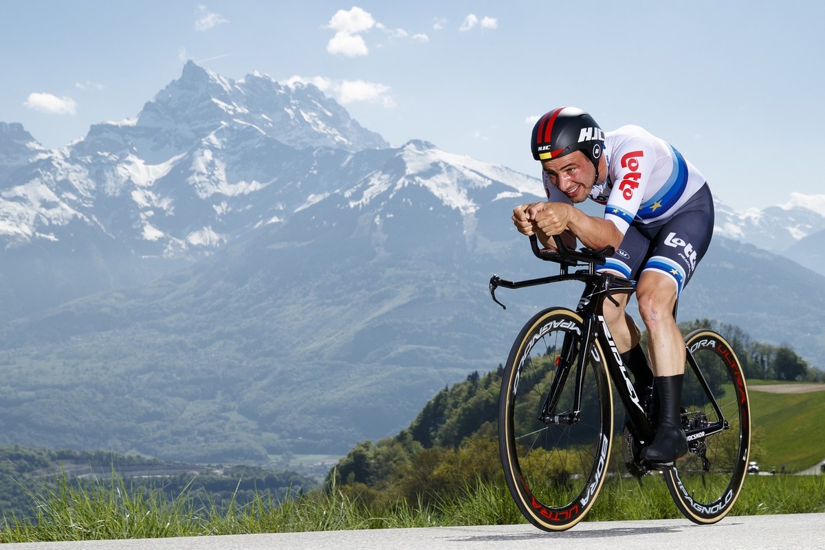 Victor Campenaerts from Belgium of team Lotto Soudal in action during the third stage, a 9,9 km race against the clock between Ollon and Villars during the 72th Tour de Romandie UCI ProTour cycling ra ...
