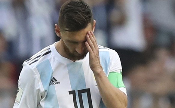 Argentina&#039;s Lionel Messi reacts after France takes the lead during the round of 16 match between France and Argentina, at the 2018 soccer World Cup at the Kazan Arena in Kazan, Russia, Saturday,  ...