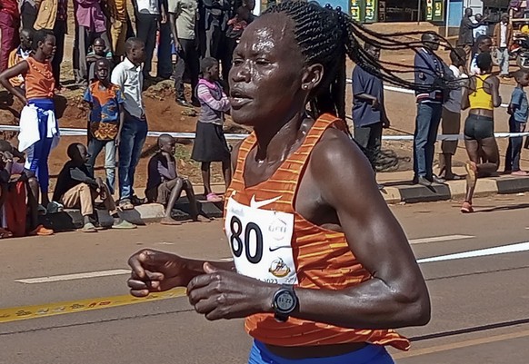 Rebecca Cheptegei, competes at the Discovery 10km road race in Kapchorwa, Uganda Friday, Jan. 20, 2023. A Cheptegei, a Ugandan athlete living in Kenya was set ablaze by her boyfriend on Sunday Sept. 1 ...