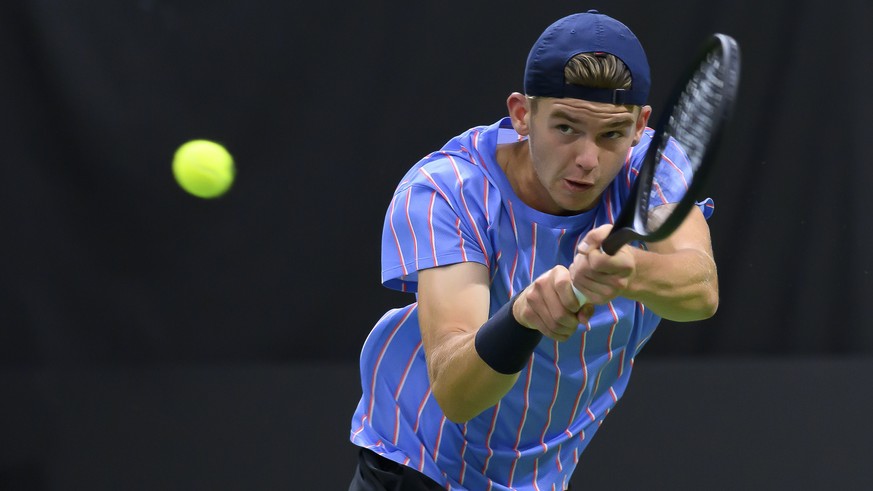 Jerome Kym in Aktion waehrend des Qualifiakationsspiels der Herren Dominic Stricker gegen Jerome Kym am Tennis Securitas Pro Cup, am Freitag, 24. Juli 2020, in der Swiss Tennis Arena in Biel. (KEYSTON ...