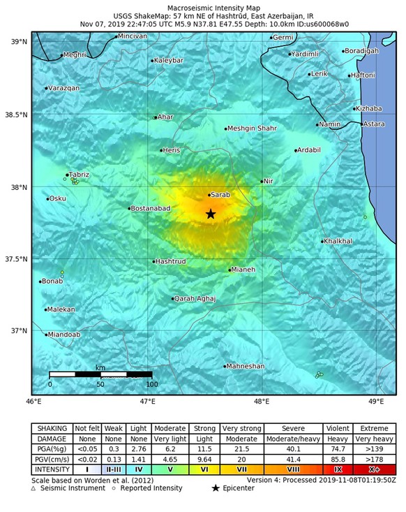 epa07980289 A handout photo made available by the United States Geological Survey shows the location of a magnitude 5.9 earthquake which struck at a depth of 10 km, 57 km northeast of Hastrud, Iran, 0 ...