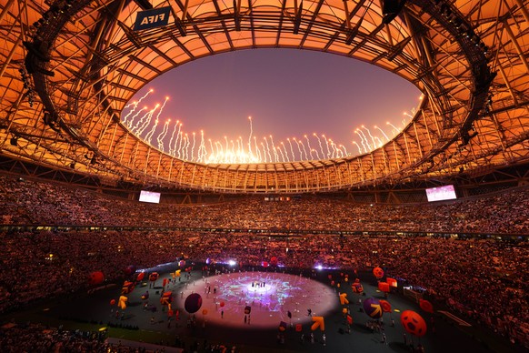 Fireworks explode as artists perform during the World Cup closing ceremony before the final soccer match between Argentina and France at the Lusail Stadium in Lusail, Qatar, Sunday, Dec. 18, 2022. (AP ...