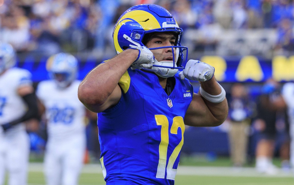 December 14, 2025, Inglewood, California, USA: 12 Puka Nacua, WR of the Los Angeles Rams reacts after scoring a touchdown during their regular NFL, American Football Herren, USA season game against th ...