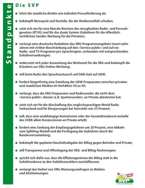 Die Standpunkte der SVP zur Schweizer Medienpolitik im Parteiprogramm 2011 bis 2015.