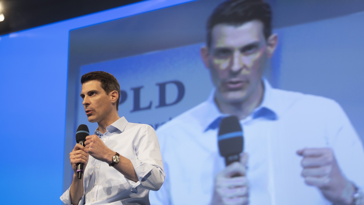 Parteirpaesident Thierry Burkart an der Delegiertenversammlung der FDP Schweiz, am Samstag, 6. Mai 2023, in Kreuzlingen. (KEYSTONE/Gian Ehrenzeller)