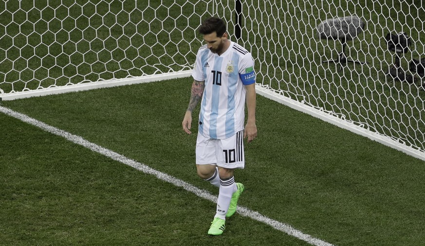 Argentina&#039;s Lionel Messi reacts during the group D match between Argentina and Croatia at the 2018 soccer World Cup in the Nizhny Novgorod stadium in Nizhny Novgorod, Russia, Thursday, June 21, 2 ...