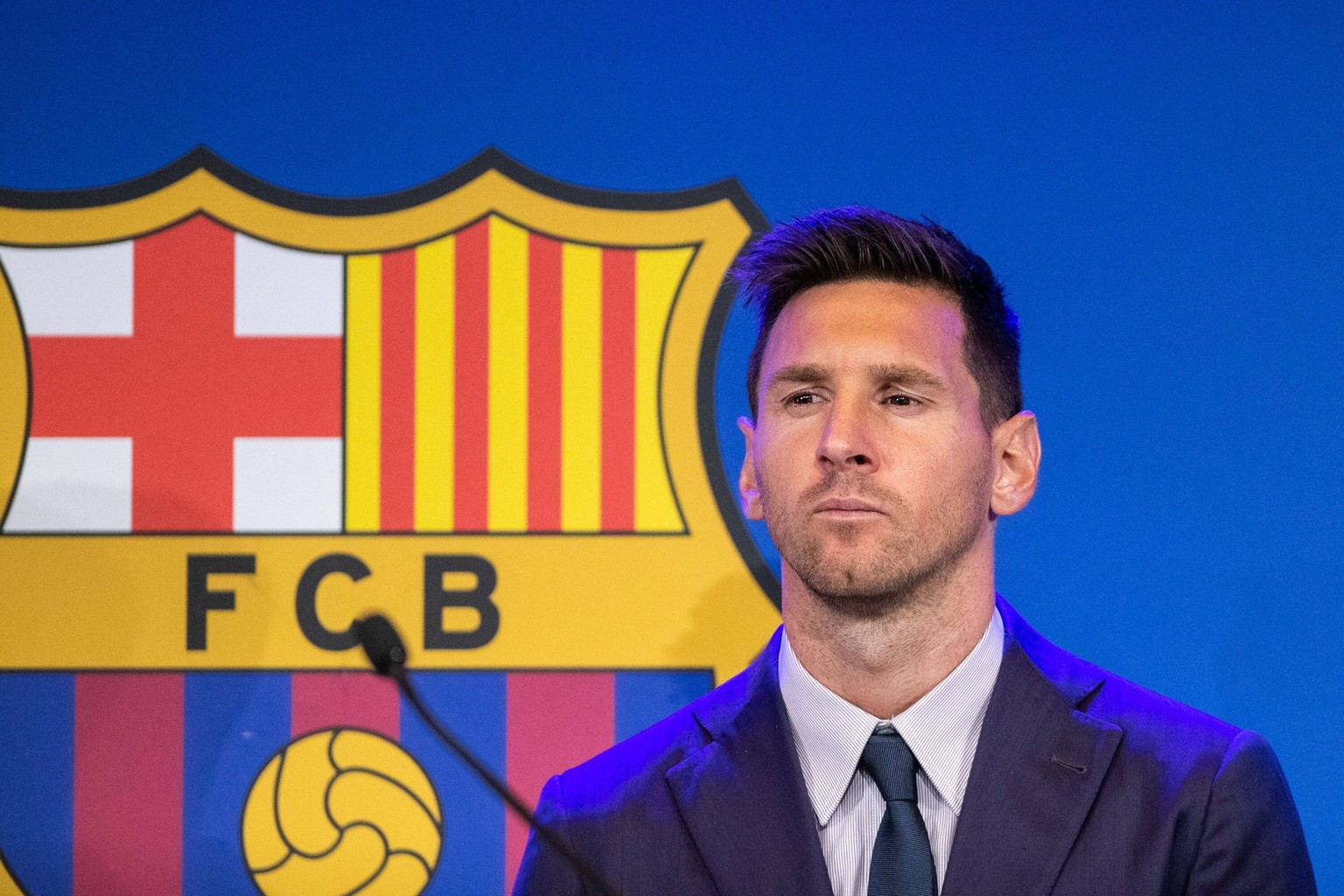 August 8, 2021, BARCELONA, BARCELONA, SPAIN: Lionel Leo Messi attends during his press conference, PK, Pressekonferenz to talk about his departure from FC Barcelona, Barca at Camp Nou stadium on Augus ...