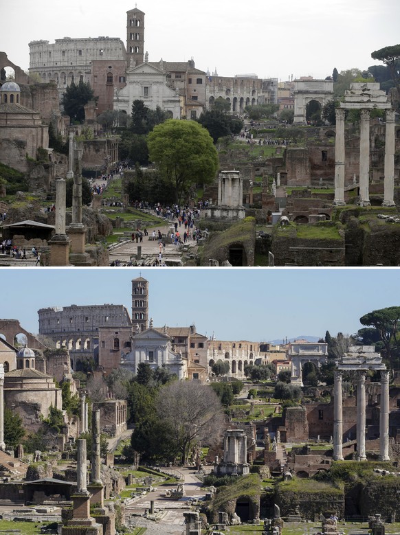 FILE - This combo of two images shows tourists visiting the ancient Roman forum and the Colosseum, in Rome at 18.23gmt on Friday, April 17, 2015, top and at 13.00gmt on Wednesday, March 11, 2020. (AP  ...
