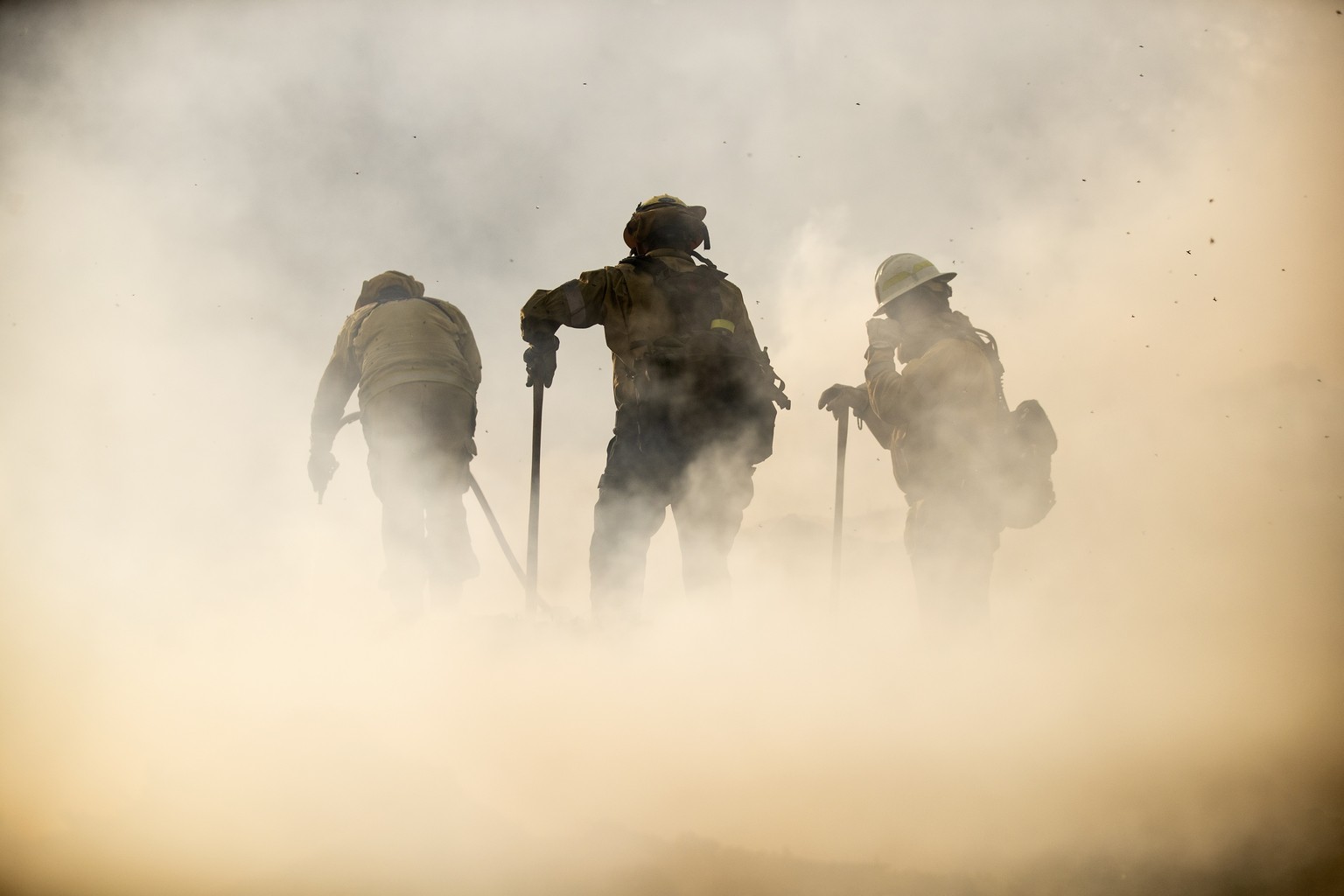epa07916517 Firefighters work to extinguish the Saddleridge Fire burning in the hills between Sylmar and Santa Clarita, California, USA, 12 October 2019. According to the latest reports evacuation ord ...