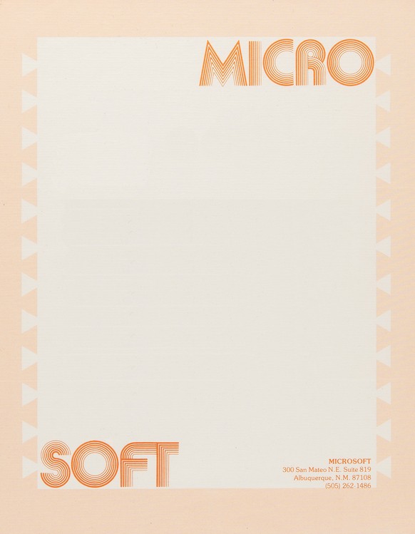 1978
This letterhead, used by Bill Gates in 1978—three years after he co-founded Microsoft—features the company’s first and most charming logo, designed by Simon Daniels using what appears to be the A ...