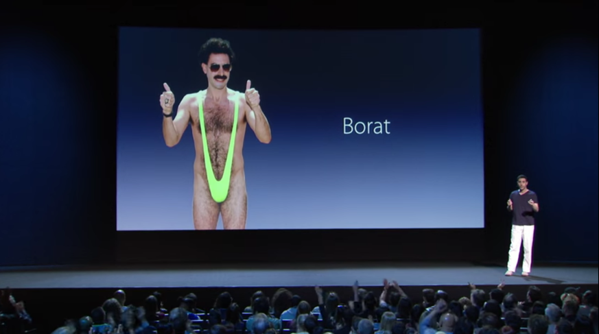 «We created the Borat»: Sacha Baron Cohen in Apple-typischer Manier.