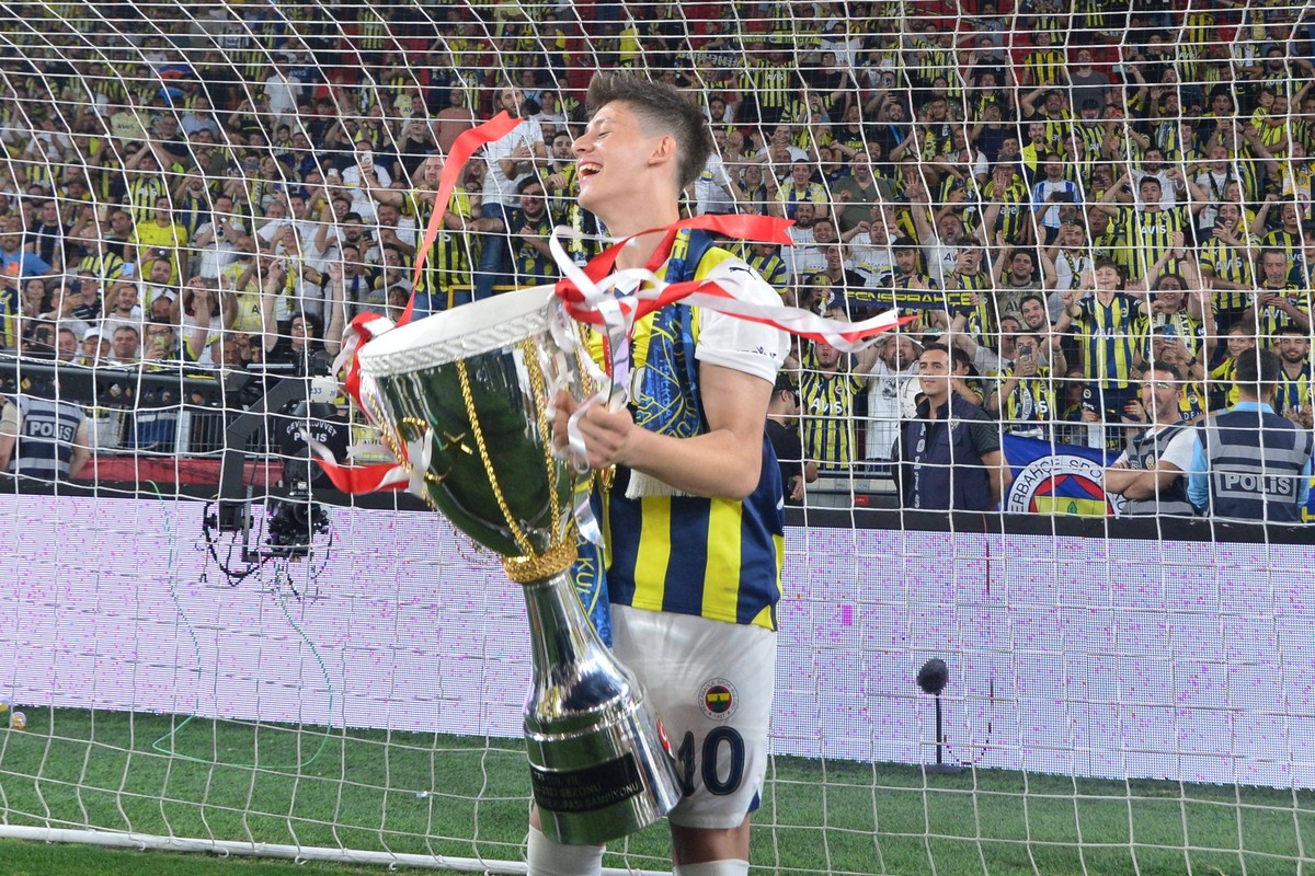Fenerbahce player Arda Guler posed for the media with championship Trophy after the Ziraat Turkish Cup Final Match between Fenerbahce and Basaksehir at Göztepe Gürsel Aksel Stadium on June 11, 2023 in ...