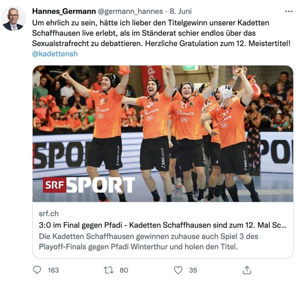 Um ehrlich zu sein, hätte ich lieber den Titelgewinn unserer Kadetten Schaffhausen live erlebt, als im Ständerat schier endlos über das Sexualstrafrecht zu debattieren. Herzliche Gratulation zum 12. M ...