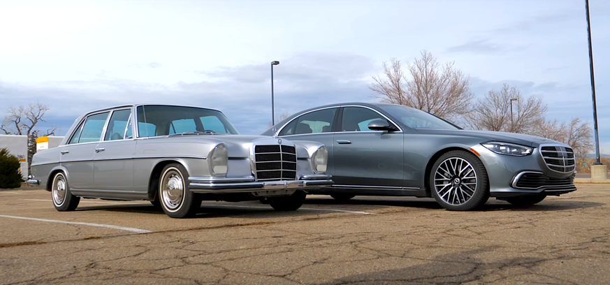Mercedes S-Klasse (okay, der links ist ein 280 SEL), damals und heute 
https://www.youtube.com/watch?app=desktop&amp;v=Bj2AVU2RI44