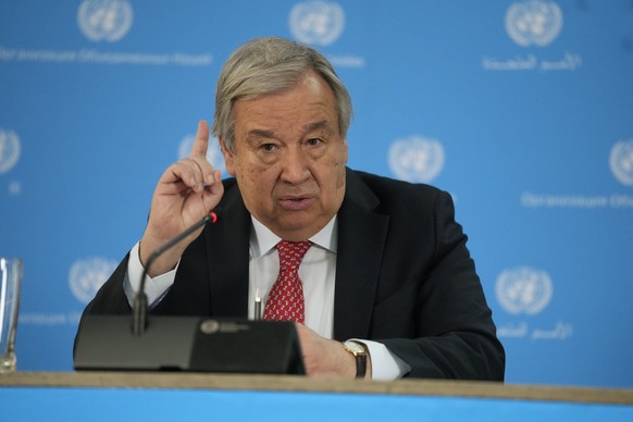 FILE - U.N secretary General Antonio Guterres addresses the media during a visit to the U.N. office in the capital Nairobi, Kenya on , May 3, 2023. Guterres implicitly criticized Cambodia?s upcoming e ...
