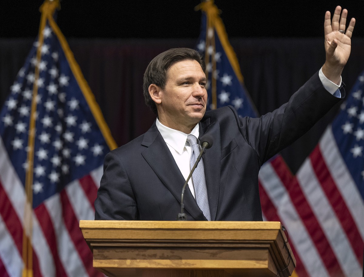 Florida Gov. Ron DeSantis speaks during the Utah Republican Party Organizing Convention at Utah Valley University in Orem, Utah, on Saturday, April 22, 2023. (Leah Hogsten/The Salt Lake Tribune via AP ...