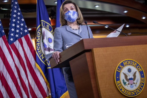 epa08783624 Speaker of the House Nancy Pelosi delivers remarks during a news conference in the US Capitol in Washington, DC, USA, 29 October 2020. Speaker Pelosi sent a letter to Treasury Secretary St ...