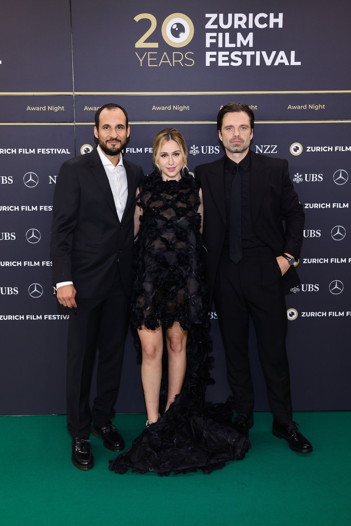 ZURICH, SWITZERLAND - OCTOBER 12: Ali Abbasi, Maria Bakalova and Sebastian Stan attend the "The Apprentice" green carpet during the 20th Zurich Film Festival at Corso Green Carpet on October ...