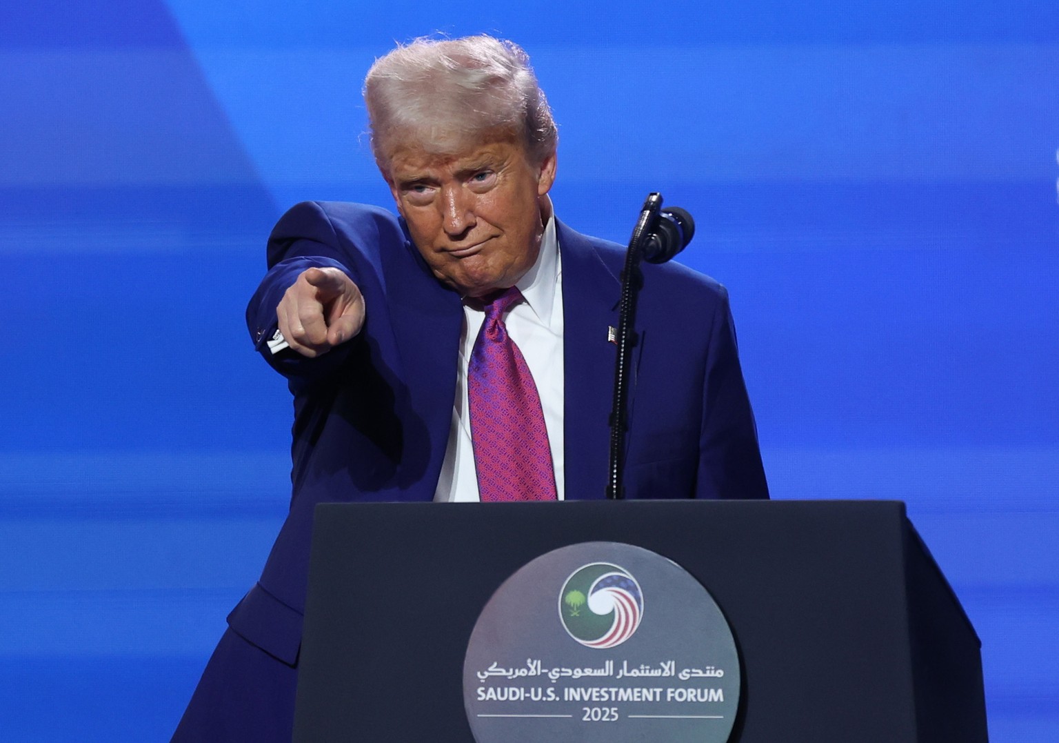 epa12096831 US President Donald Trump attends the Keynote Address at the Saudi-US Investment Forum in Riyadh, Saudi Arabia, 13 May 2025. The forum is taking place during the state visit of US Presiden ...
