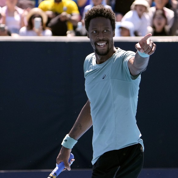 Gael Monfils of France reacts after defeating Daniel Altmaier of Germany in their second round match at the Australian Open tennis championship in Melbourne, Australia, Thursday, Jan. 16, 2025. (AP Ph ...