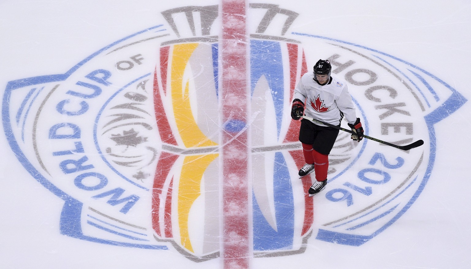 FILE- Canada&#039;s Sidney Crosby skates on the ice during practice in Ottawa, Ontario, Sept. 5, 2016, in preparation for the World Cup of Hockey. The NHL and NHL Players&#039; Association are still p ...