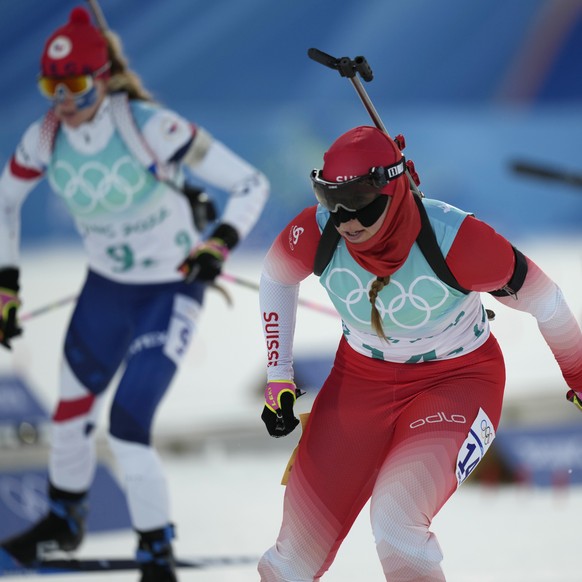 Lena Haecki of Switzerland skis during the 4x6-kilometer mixed relay at the 2022 Winter Olympics, Saturday, Feb. 5, 2022, in Zhangjiakou, China. (AP Photo/Frank Augstein)
Lena Haecki