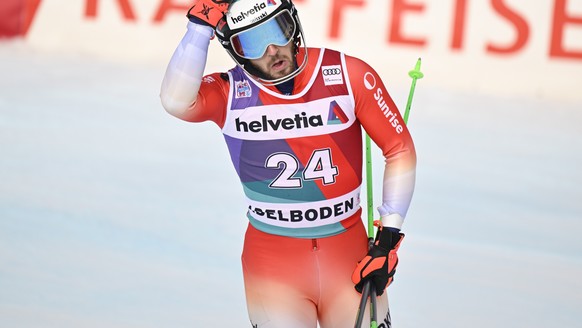 epa10395508 Luca Aerni of Switzerland reacts during the second run of the men&#039;s slalom race at the Alpine Skiing FIS Ski World Cup in Adelboden, Switzerland, 08 January 2023. EPA/JEAN-CHRISTOPHE  ...