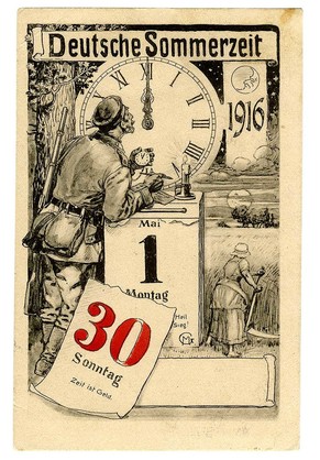 Postkarte zur Einführung der Sommerzeit in Deutschland am 30. April 1916.&nbsp;