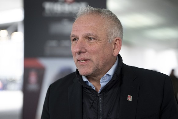 Marc-Anthony Anner, Board President Ice Hockey World Championship 2026, spricht in einem Interview bei der Enthuellung der Tissot Countdown Uhr fuer die IIHF Eishockey WM 2026 in der Schweiz, am Diens ...