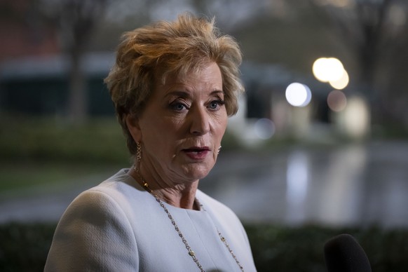 Secretary of Education Linda McMahon speaks to reporters at the White House in Washington, Thursday, March 20, 2025. (AP Photo/Ben Curtis)
Trump