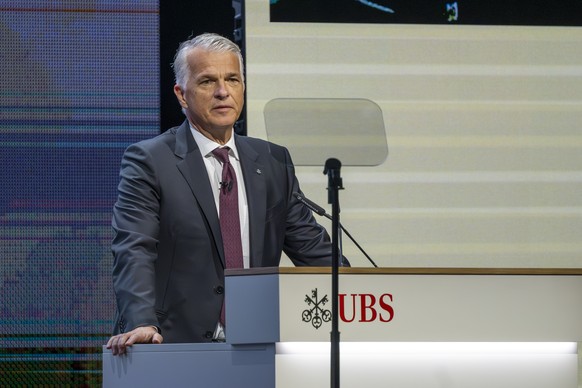 epa12891216 CEO Sergio Ermotti speaks during the Annual General Meeting of the UBS Group AG in Basel, Switzerland, 15 April 2026. EPA/GEORGIOS KEFALAS
