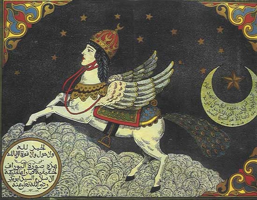 Das Reittier des Propheten: al-Buraq –&nbsp;ein geflügeltes weisses Pferd mit menschlichem Antlitz. Darstellung aus dem 17. Jahrhundert.