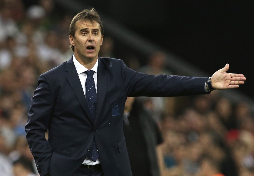 FILE - In this June 9, 2018 file photo, Spain&#039;s national soccer team coach Julen Lopetegui shouts during a friendly soccer match between Spain and Tunisia in Krasnodar, Russia. Real Madrid said o ...