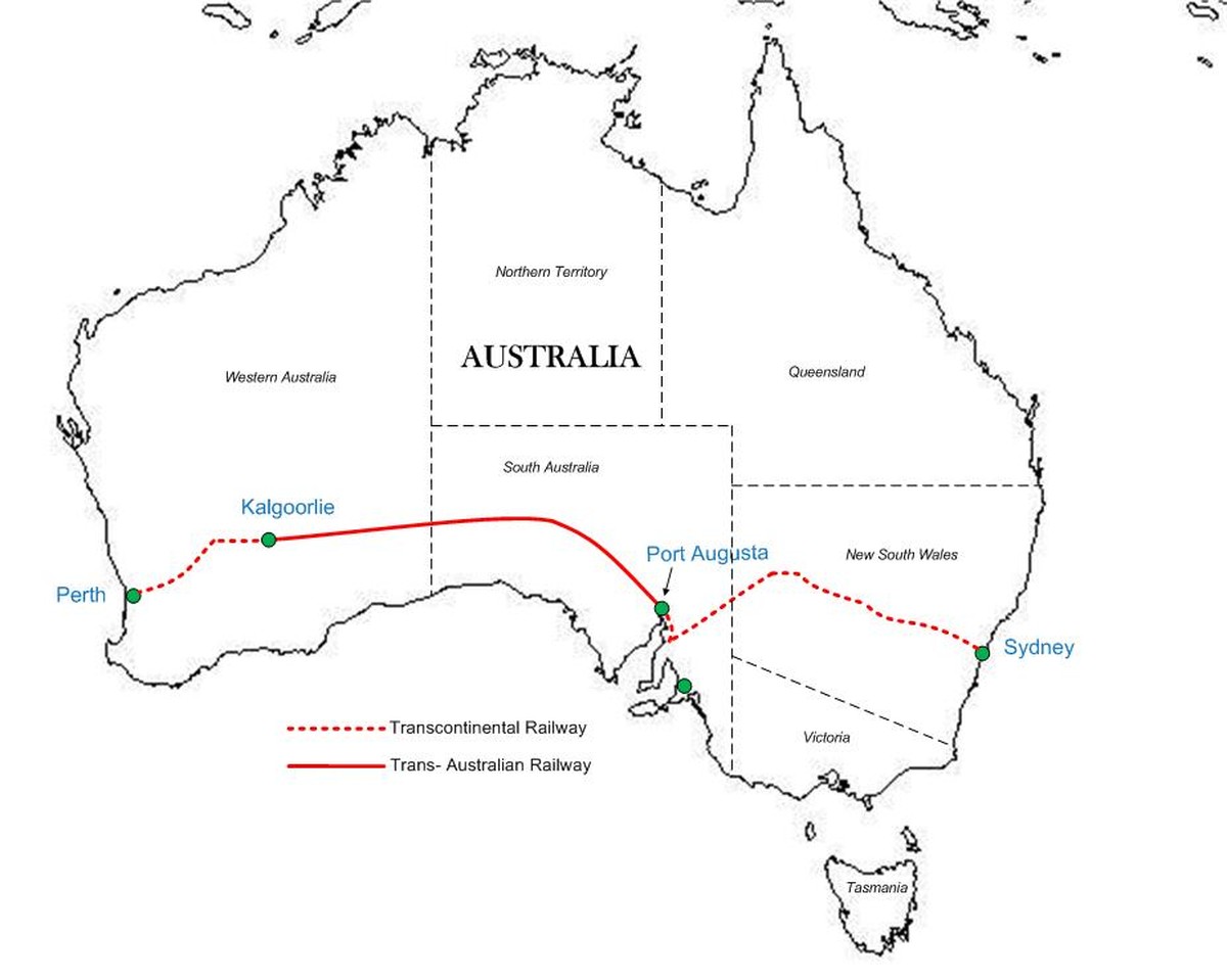 In der Wüste zwischen den Ortschaften Kalgoorlie und Port Augusta befindet sich auch die längste Eisebahngerade.