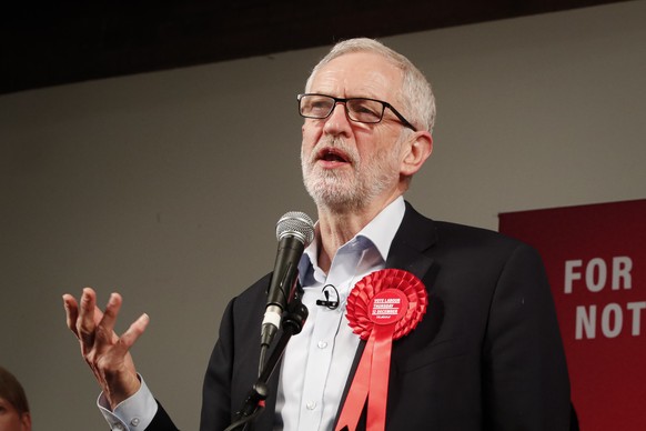 FILE - In this Wednesday, Dec. 11, 2019 file photo, Labour Leader Jeremy Corbyn addresses an eve of poll rally in London. Britain