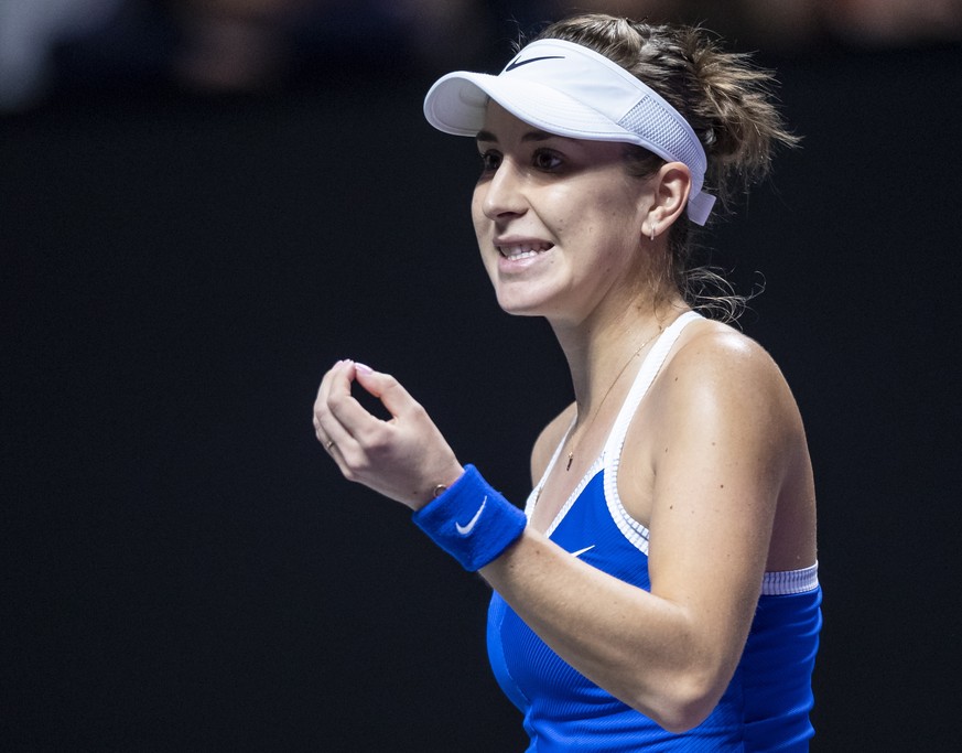 epa07966352 Belinda Bencic of Switzerland reacts during her semifinal match against Elina Svitolina of Ukraine at the WTA Finals 2019 tournament in Shenzhen, China, 02 November 2019. EPA/ALEX PLAVEVSK ...