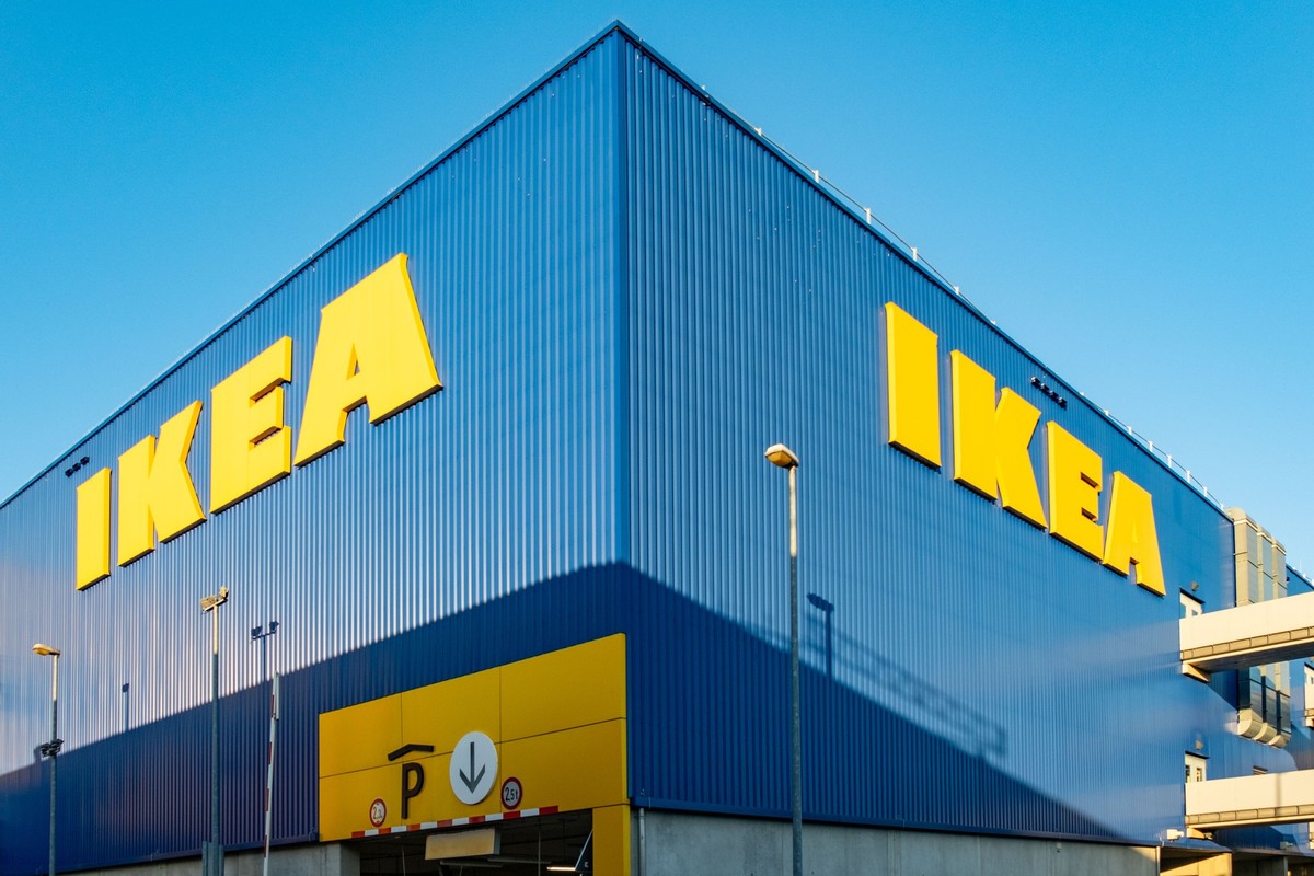 vibrant IKEA store, iconic yellow signage recognizable logo, and Modern commercial architecture, logo global consumer culture, Sweden retail industry, Frankfurt am Main, Germany, September 18, 2023