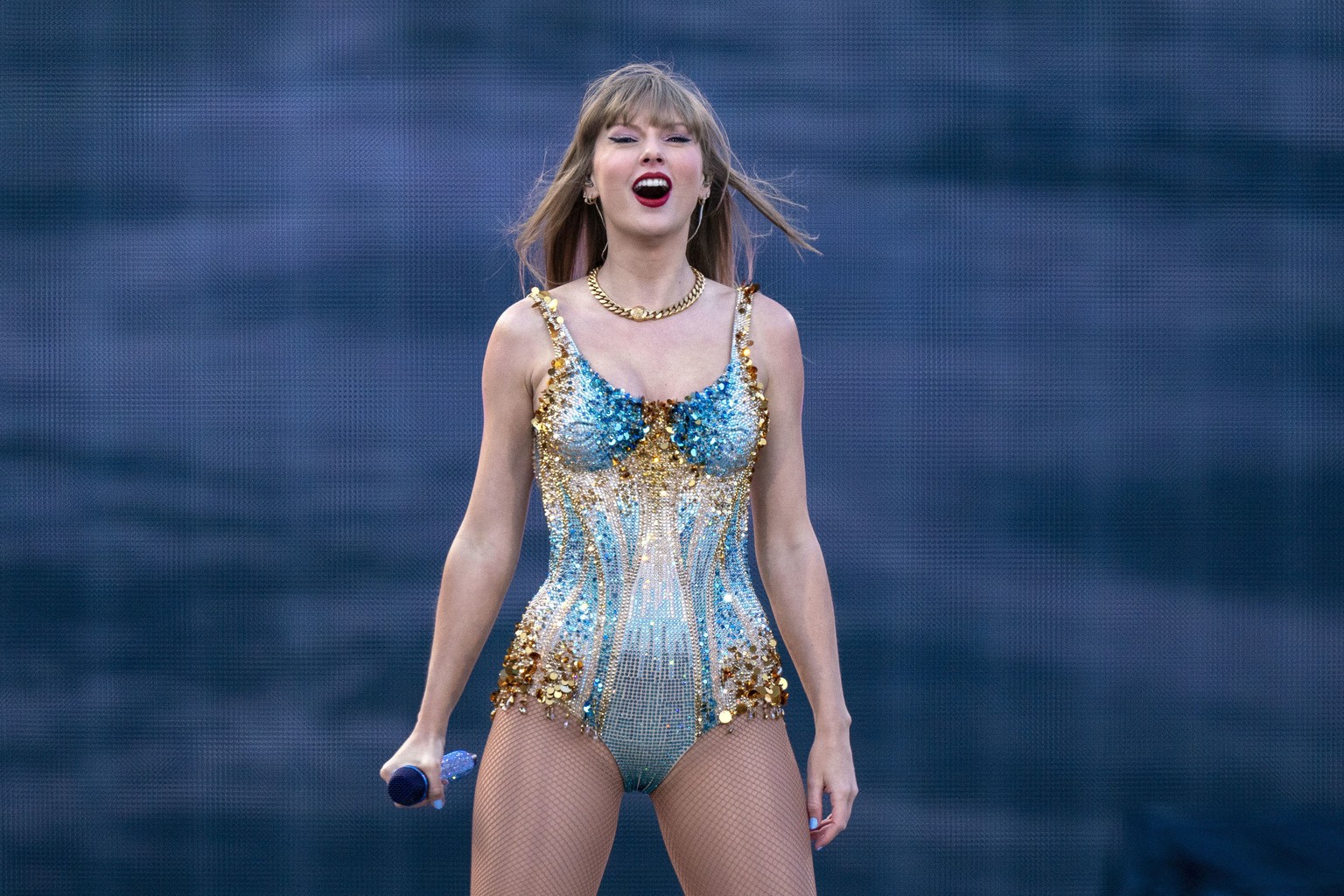 Singer Taylor Swift performs on stage during her Eras Tour at the Murrayfield Stadium in Edinburgh, Friday June 7, 2024. (Jane Barlow/PA via AP)