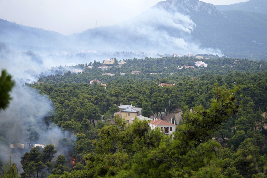 Wildfire burns a forest in Ippokratios Politia village, about 35 kilometres (21 miles) north of Athens, Greece, Friday, Aug. 6, 2021. Thousands of residents of the Greek capital have fled to safety fr ...
