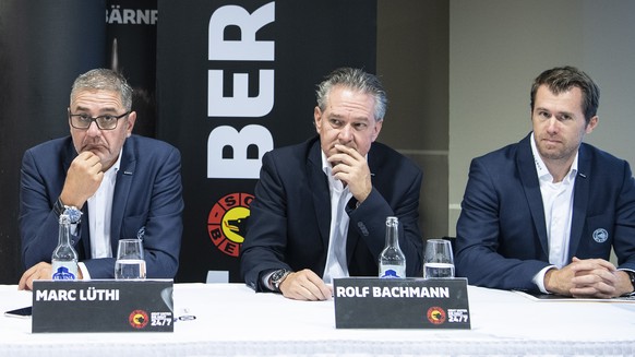 Beat Brechbuehl, Verwaltungsratspraesident, Marc Luethi, CEO, Rolf Bachmann, COO und Alex Chatelain,. Sportchef von links, vom SC Bern sprechen an einer Medienkonferenz, am Mittwoch, 4. September 2019 ...