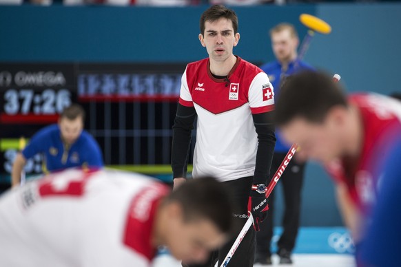 Peter de Cruz of Switzerland during the men Curling round robin game between Switzerland and Sweden in the Gangneung Curling Center in Gangneung at the XXIII Winter Olympics 2018 in Pyeongchang, South ...