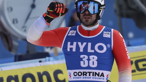 Switzerland&#039;s Gilles Roulin arrives at the finish area during an alpine ski, men&#039;s World Cup super-G, in Cortina d&#039;Ampezzo, Italy, Saturday, Jan. 28, 2023. (AP Photo/Alessandro Trovati)