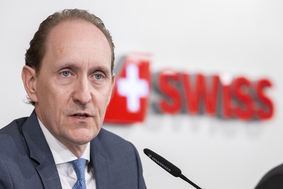 Dieter Vranckx, CEO of Swiss International Air Lines, provides information on the 2022 financial results of airline SWISS, taken on Friday, March 3, 2023 in Zurich Kloten.  (KEYSTONE/Enn...